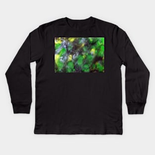 Palm leaves foliage, botanical illustration. Yellow-black-green marble hand-painted abstract watercolor. Design for fabric, textiles, wallpaper, baby room, packaging, paper.. Minim pattern, graphic brochure. Kids Long Sleeve T-Shirt